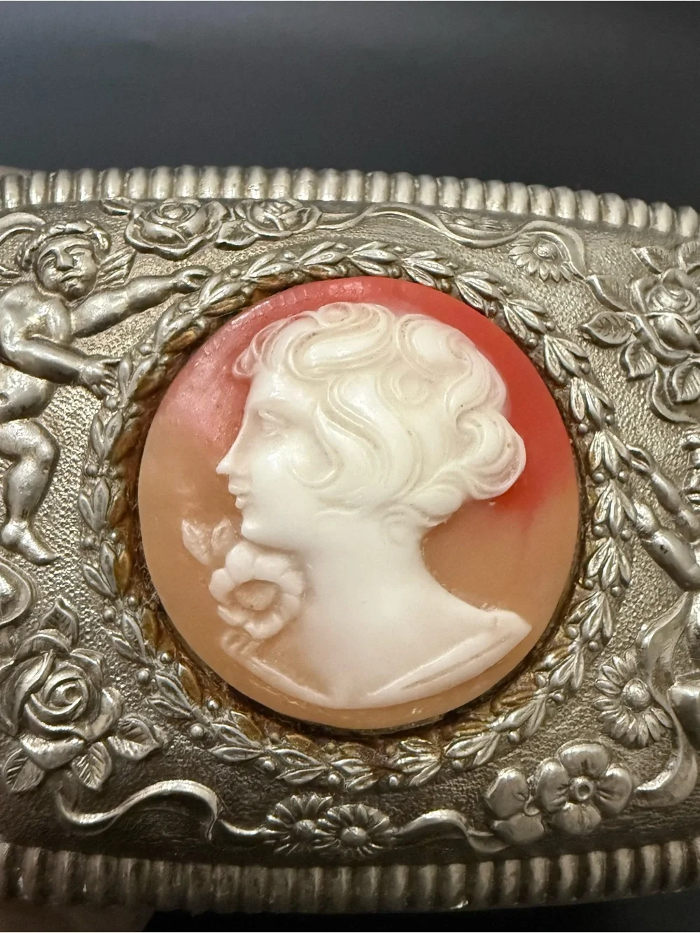 Vintage Victorian Revival Cameo Silver-plated Ornate Footed Trinket Jewelry Box